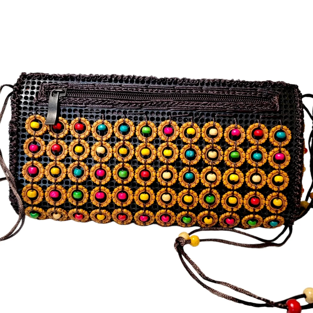 HANDMADE Beaded Crossbody Clutch Bag Zip Wallet Colorful Purse New